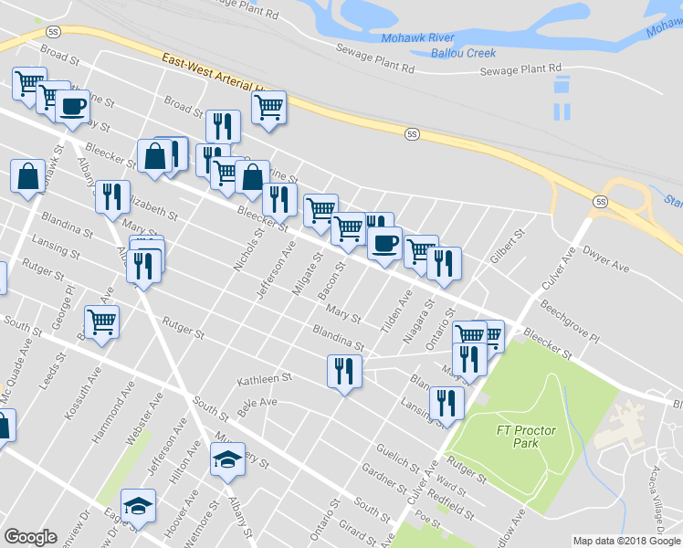 map of restaurants, bars, coffee shops, grocery stores, and more near 509 Bacon Street in Utica