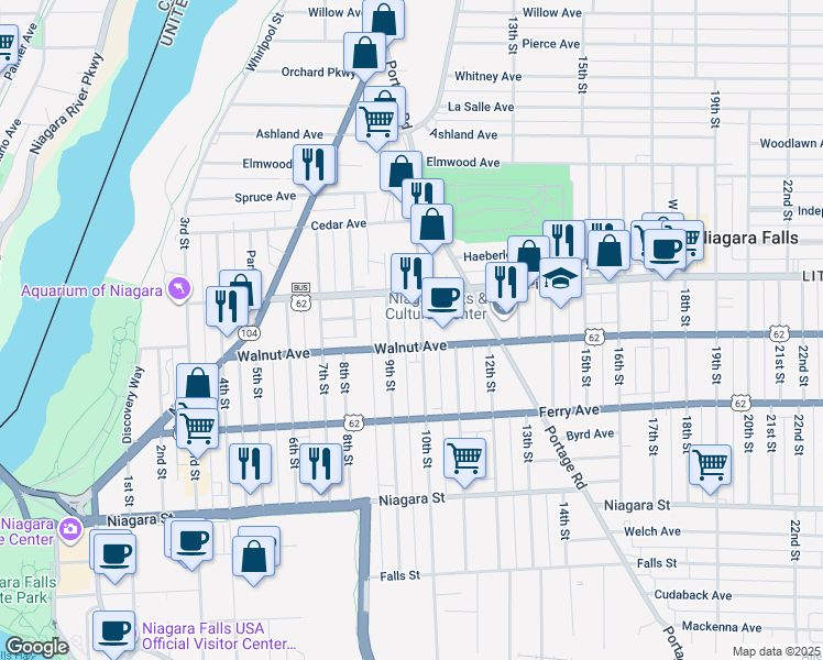 map of restaurants, bars, coffee shops, grocery stores, and more near 620 10th Street in Niagara Falls