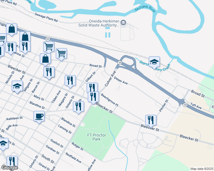 map of restaurants, bars, coffee shops, grocery stores, and more near 75 Culver Avenue in Utica