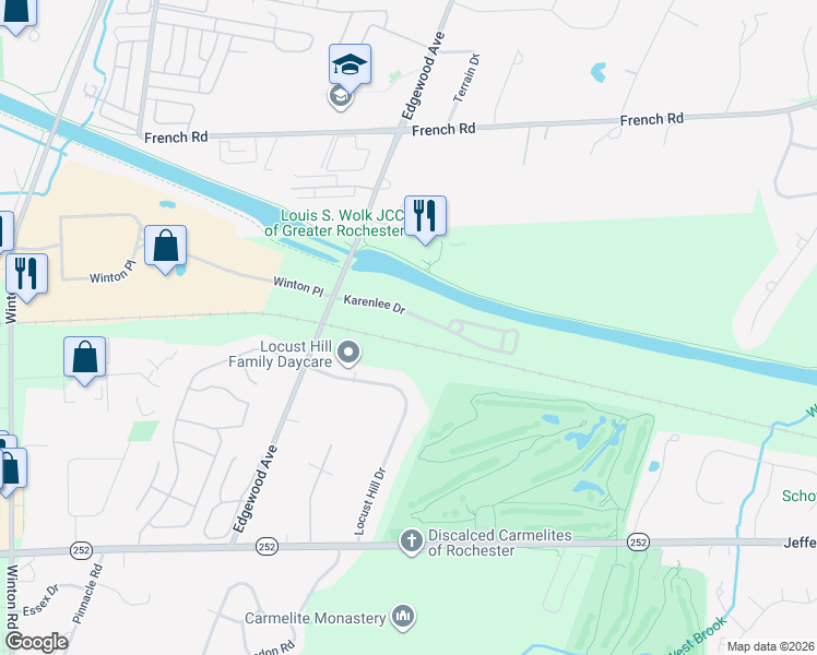 map of restaurants, bars, coffee shops, grocery stores, and more near 73 Karenlee Drive in Rochester