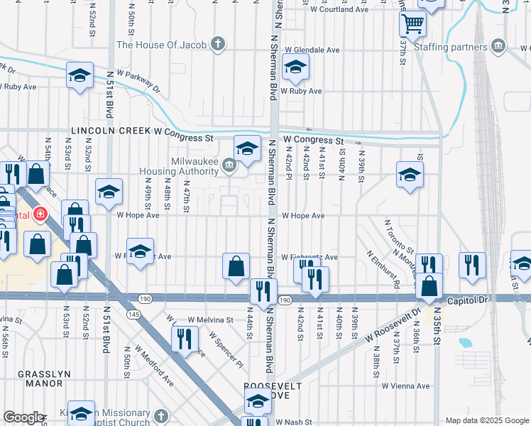 map of restaurants, bars, coffee shops, grocery stores, and more near 4308 West Hope Avenue in Milwaukee