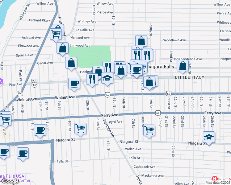 map of restaurants, bars, coffee shops, grocery stores, and more near 1502 Walnut Avenue in Niagara Falls