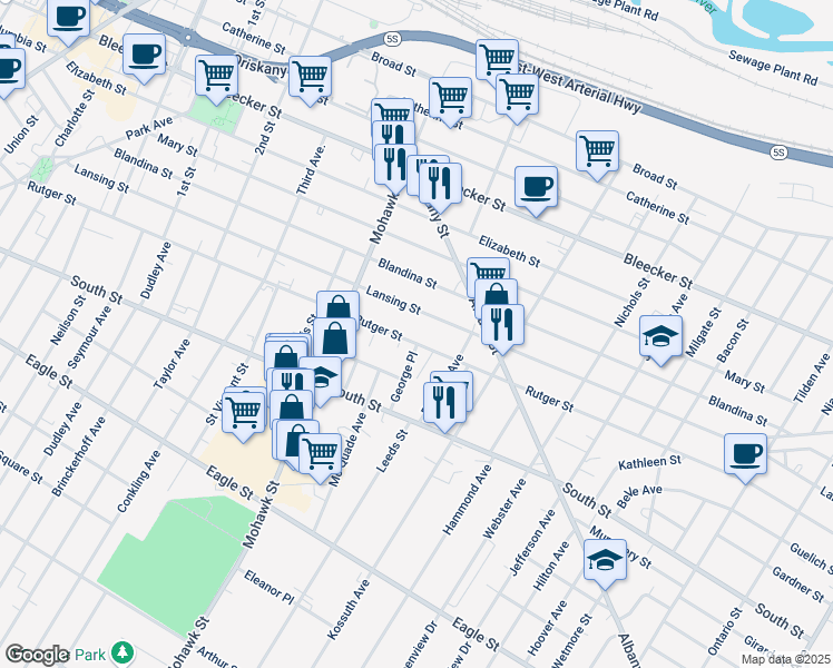 map of restaurants, bars, coffee shops, grocery stores, and more near 739 Rutger St in Utica