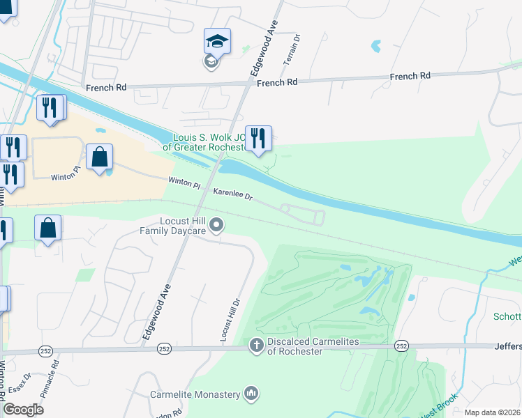map of restaurants, bars, coffee shops, grocery stores, and more near 73 Karenlee Drive in Rochester