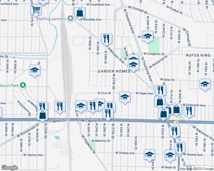 map of restaurants, bars, coffee shops, grocery stores, and more near 4232 North 28th Street in Milwaukee