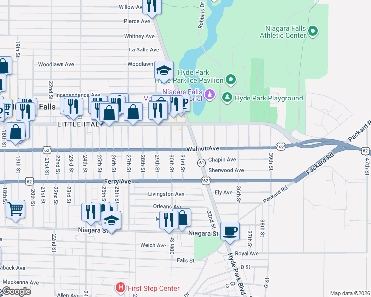 map of restaurants, bars, coffee shops, grocery stores, and more near 563 31st Street in Niagara Falls