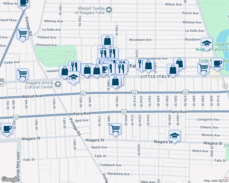 map of restaurants, bars, coffee shops, grocery stores, and more near 1812 Walnut Avenue in Niagara Falls