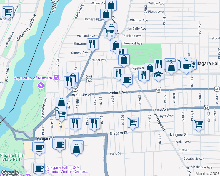 map of restaurants, bars, coffee shops, grocery stores, and more near 611 9th Street in Niagara Falls