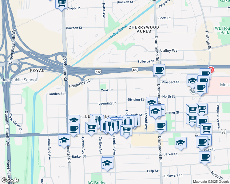 map of restaurants, bars, coffee shops, grocery stores, and more near 5567 Glenholme Avenue in Niagara Falls