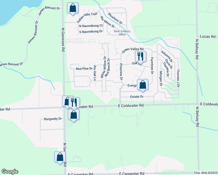 map of restaurants, bars, coffee shops, grocery stores, and more near 588 Red Beech Drive in Flint