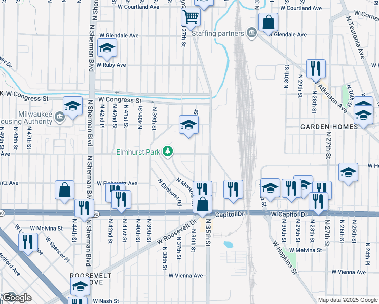 map of restaurants, bars, coffee shops, grocery stores, and more near 4181 North 36th Street in Milwaukee