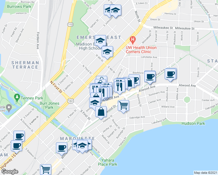 map of restaurants, bars, coffee shops, grocery stores, and more near 2069 Winnebago Street in Madison