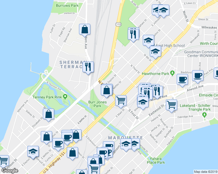 map of restaurants, bars, coffee shops, grocery stores, and more near 117 North First Street in Madison