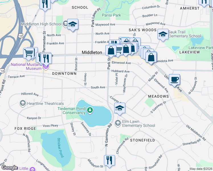 map of restaurants, bars, coffee shops, grocery stores, and more near 1702 Park Street in Middleton