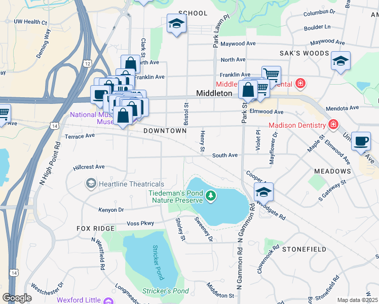 map of restaurants, bars, coffee shops, grocery stores, and more near 7212 South Avenue in Middleton