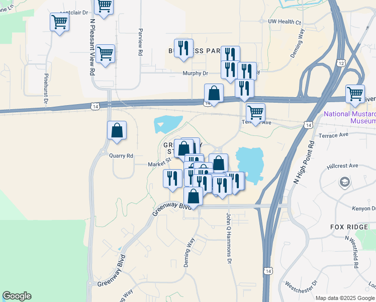 map of restaurants, bars, coffee shops, grocery stores, and more near 8420 Market Street in Middleton