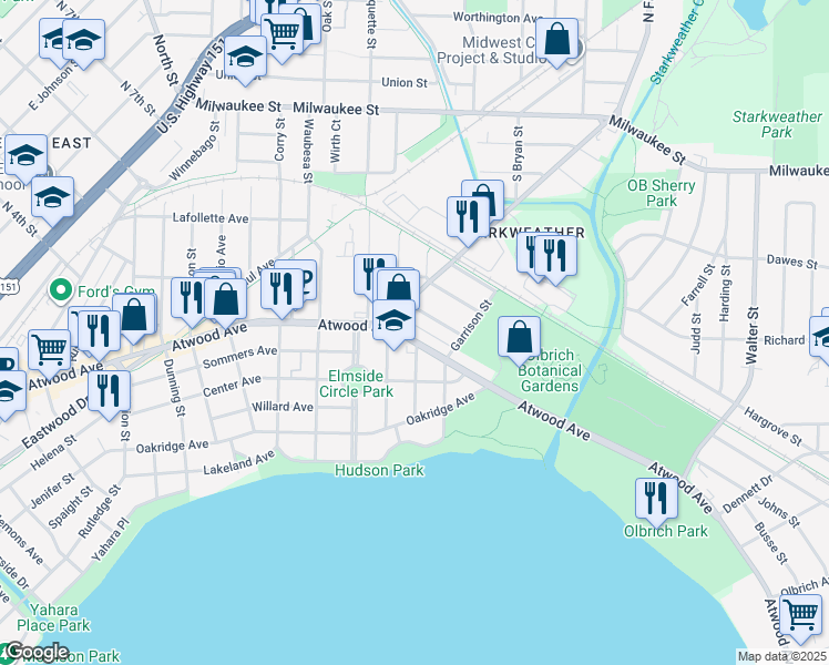 map of restaurants, bars, coffee shops, grocery stores, and more near 3026 Atwood Avenue in Madison