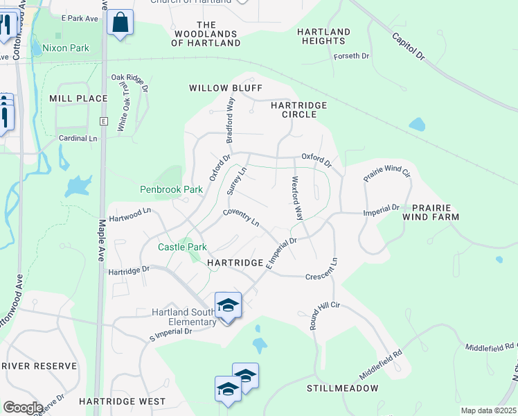 map of restaurants, bars, coffee shops, grocery stores, and more near 723 Cameron Circle in Hartland