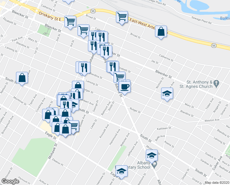 map of restaurants, bars, coffee shops, grocery stores, and more near 900 Belmont Avenue in Utica