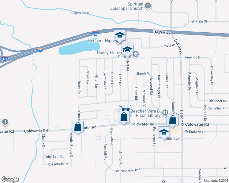map of restaurants, bars, coffee shops, grocery stores, and more near 6121 Otoole Lane in Mount Morris