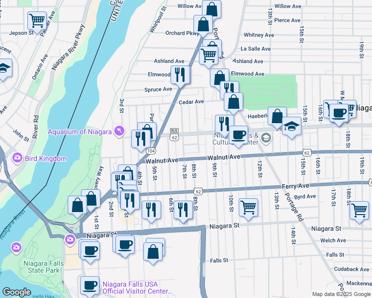 map of restaurants, bars, coffee shops, grocery stores, and more near 617 7th Street in Niagara Falls