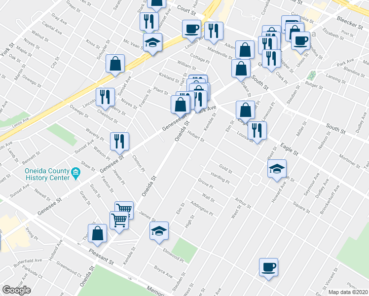 map of restaurants, bars, coffee shops, grocery stores, and more near 8 Walker Street in Utica