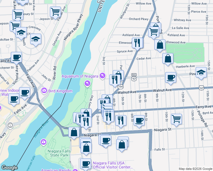 map of restaurants, bars, coffee shops, grocery stores, and more near 615 3rd Street in Niagara Falls