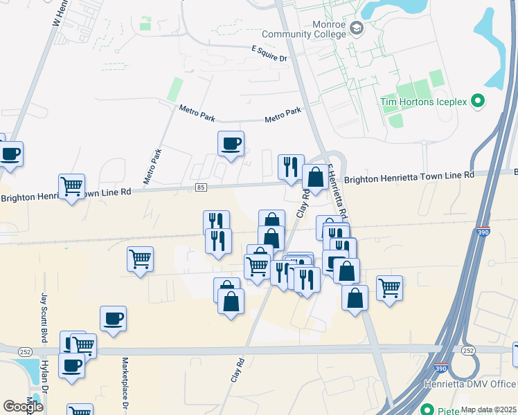 map of restaurants, bars, coffee shops, grocery stores, and more near 2245 Brighton Henrietta Town Line Road in Rochester