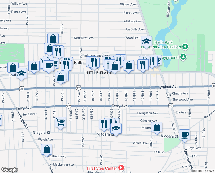 map of restaurants, bars, coffee shops, grocery stores, and more near 602 25th Street in Niagara Falls