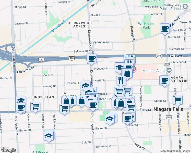 map of restaurants, bars, coffee shops, grocery stores, and more near 6121 North Street in Niagara Falls
