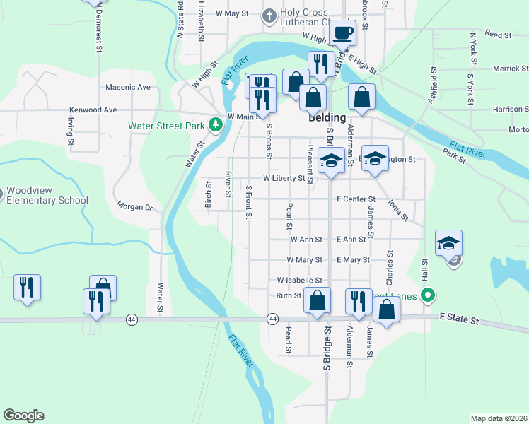 map of restaurants, bars, coffee shops, grocery stores, and more near 517 South Broas Street in Belding