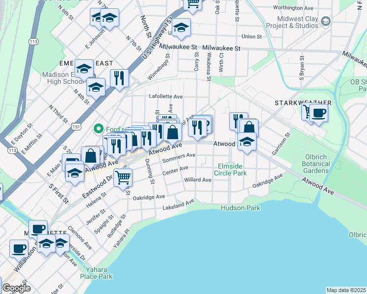 map of restaurants, bars, coffee shops, grocery stores, and more near 2425 Atwood Ave in Madison