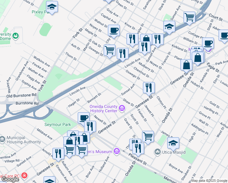 map of restaurants, bars, coffee shops, grocery stores, and more near 808 Shaw Street in Utica