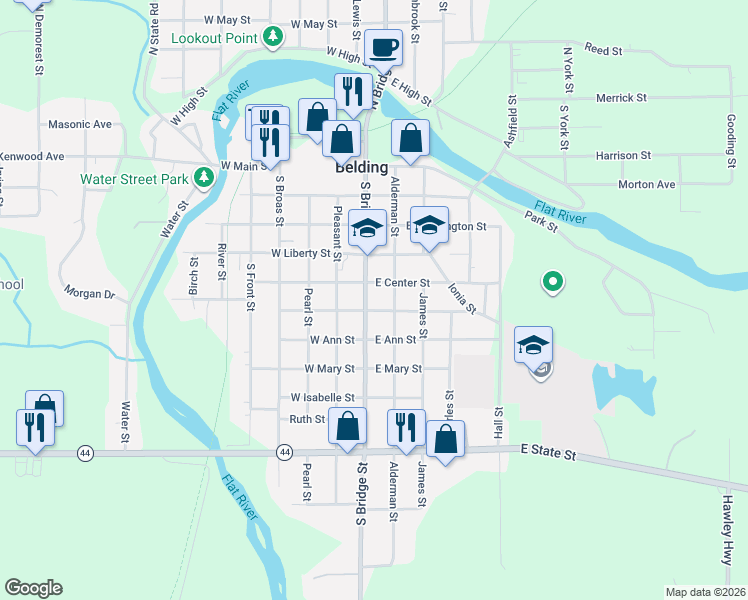 map of restaurants, bars, coffee shops, grocery stores, and more near 520 South Bridge Street in Belding