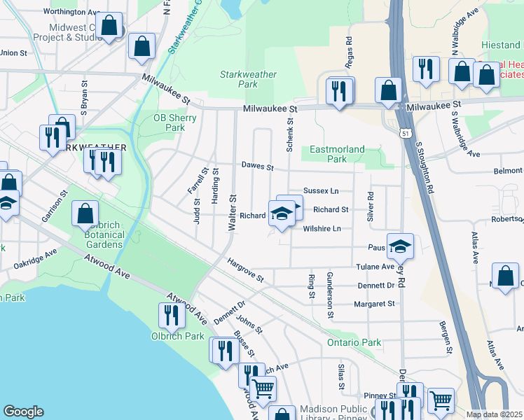 map of restaurants, bars, coffee shops, grocery stores, and more near 3542 Richard St in Madison