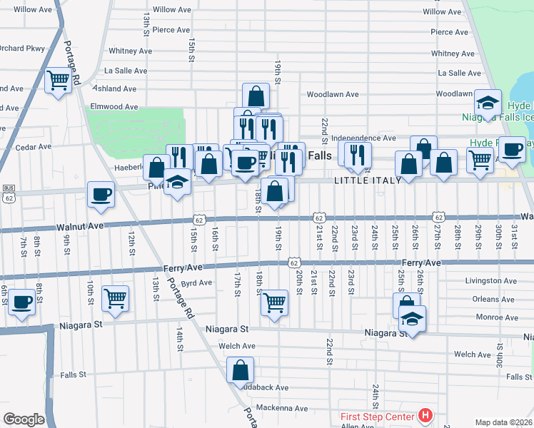 map of restaurants, bars, coffee shops, grocery stores, and more near 1812 Walnut Avenue in Niagara Falls