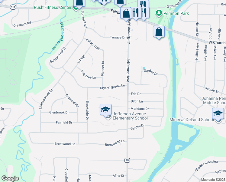 map of restaurants, bars, coffee shops, grocery stores, and more near 17 Crystal Spring Lane in Fairport