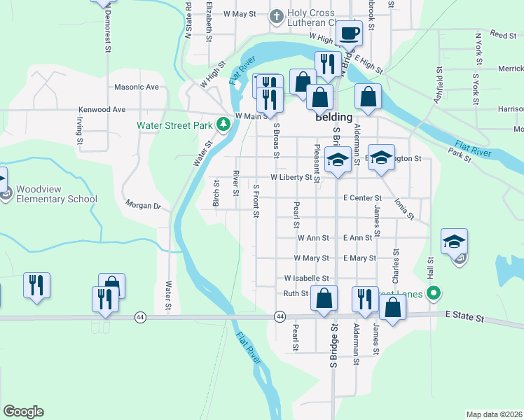 map of restaurants, bars, coffee shops, grocery stores, and more near 517 South Broas Street in Belding