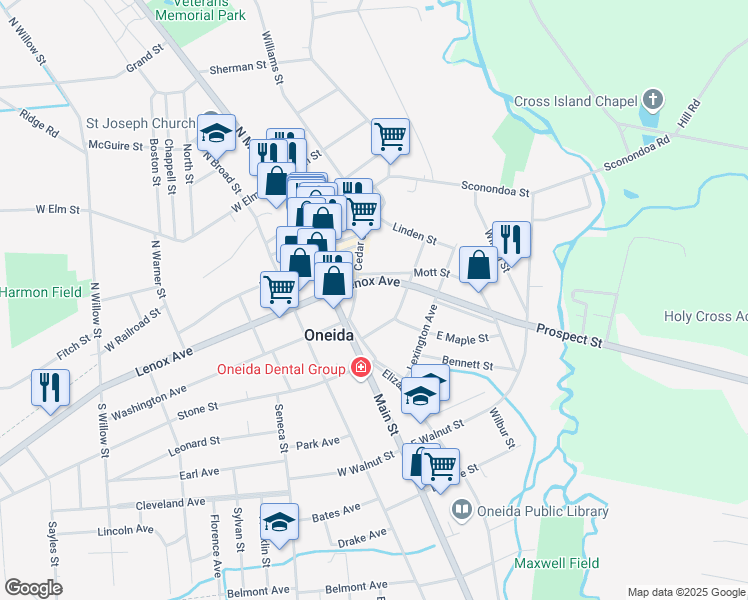 map of restaurants, bars, coffee shops, grocery stores, and more near 217 Cedar Street in Oneida