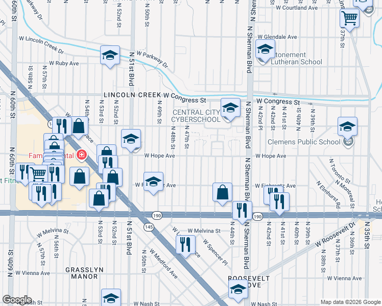 map of restaurants, bars, coffee shops, grocery stores, and more near 4624 West Hope Avenue in Milwaukee