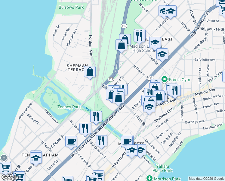 map of restaurants, bars, coffee shops, grocery stores, and more near 121 North 1st Street in Madison