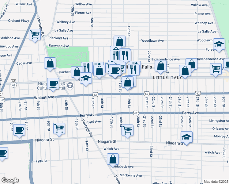map of restaurants, bars, coffee shops, grocery stores, and more near 1710 Walnut Avenue in Niagara Falls