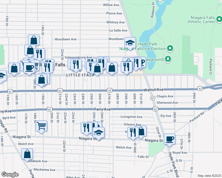 map of restaurants, bars, coffee shops, grocery stores, and more near 601 27th Street in Niagara Falls