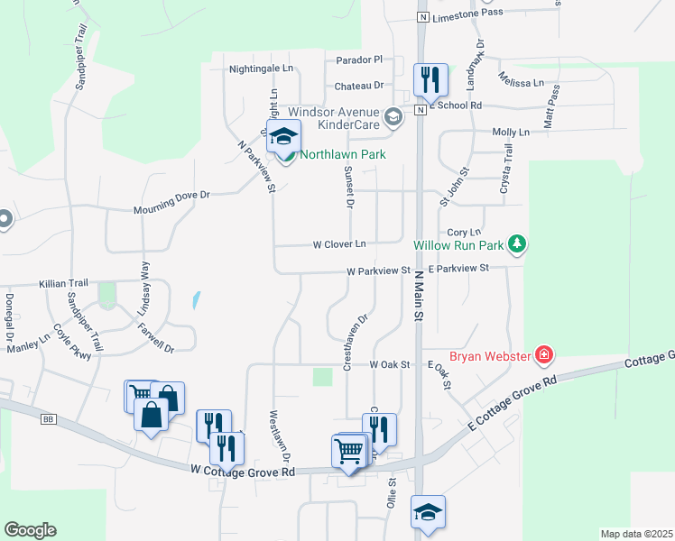 map of restaurants, bars, coffee shops, grocery stores, and more near 221a West Parkview Street in Cottage Grove