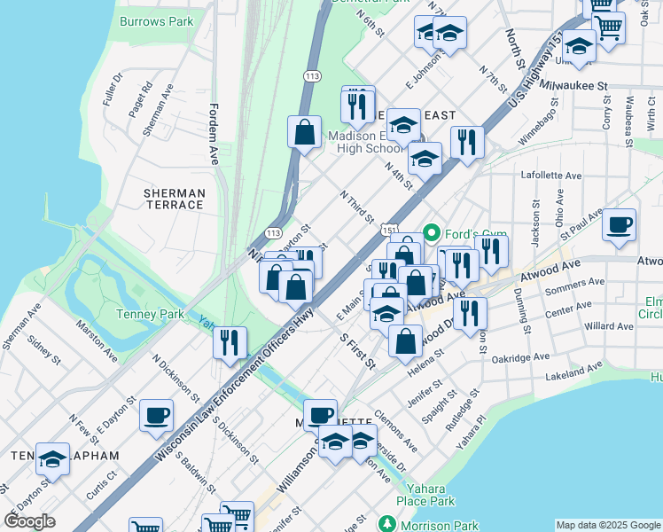 map of restaurants, bars, coffee shops, grocery stores, and more near 1946 East Washington Avenue in Madison