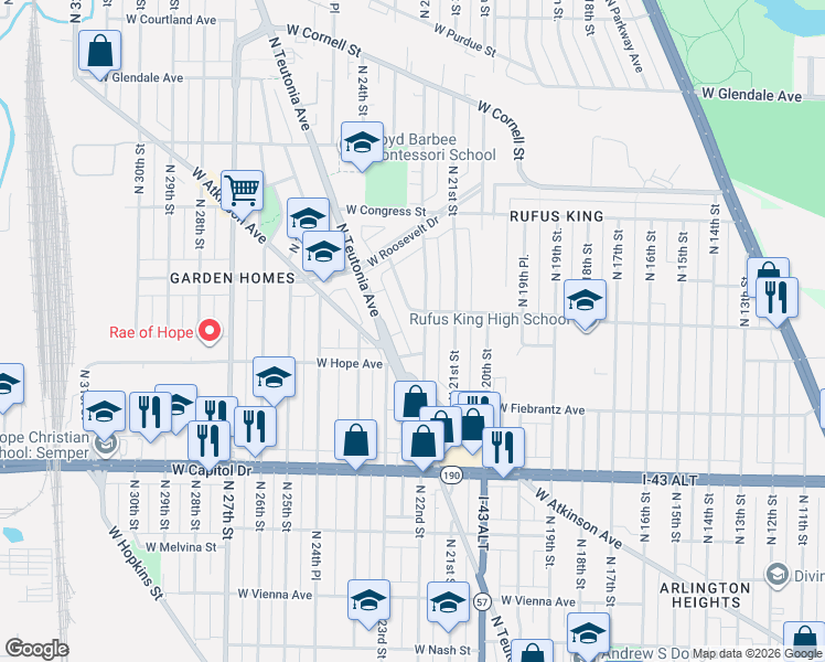 map of restaurants, bars, coffee shops, grocery stores, and more near 4220 North Teutonia Avenue in Milwaukee