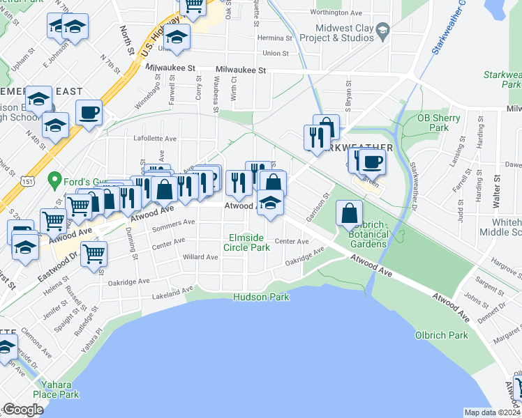 map of restaurants, bars, coffee shops, grocery stores, and more near 313 Elmside Boulevard in Madison
