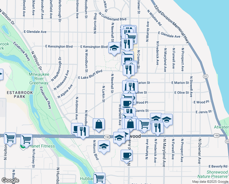 map of restaurants, bars, coffee shops, grocery stores, and more near 1602 East Olive Street in Shorewood