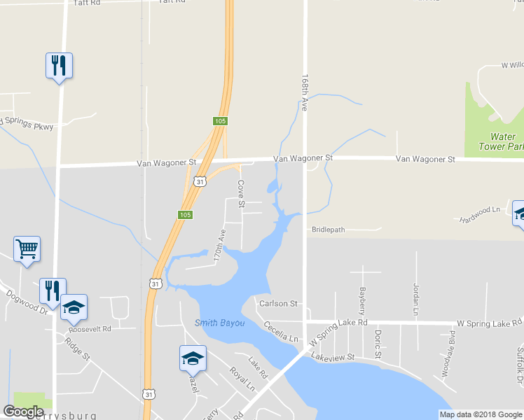 map of restaurants, bars, coffee shops, grocery stores, and more near 17866 Cove Street in Spring Lake