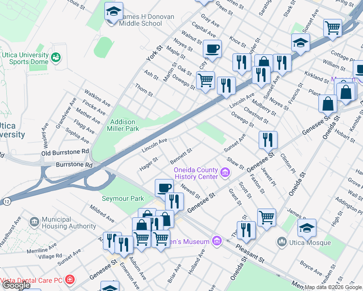 map of restaurants, bars, coffee shops, grocery stores, and more near 902 Sherman Place in Utica